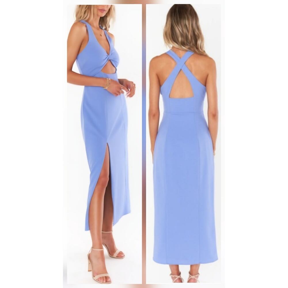 Show Me Your Mumu Blue Midi Dress Cutout Criss Cross Back Wedding Guest Sz L